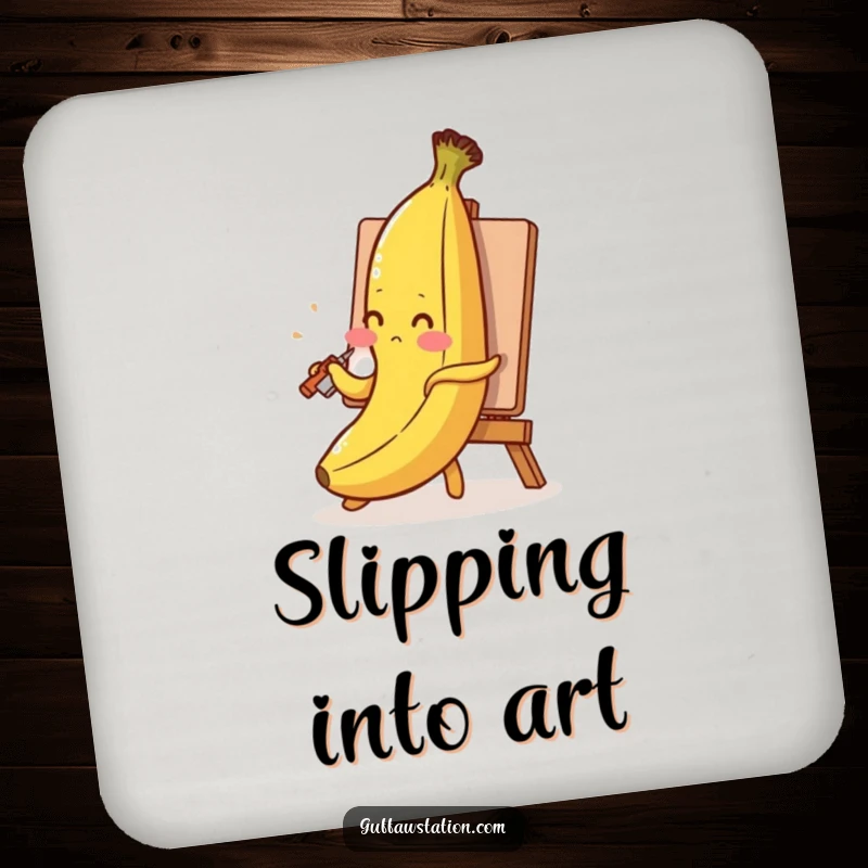 Funny banana coaster showing a blushing banana painting its self-portrait with its peel, a humorous and practical accessory.