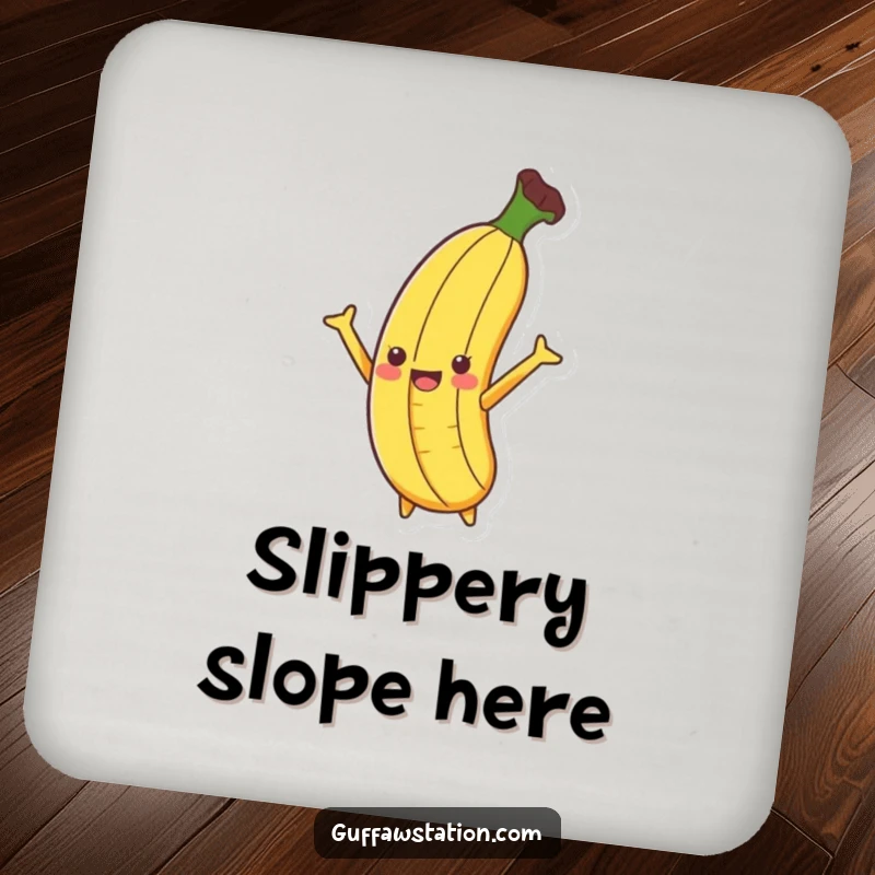 Funny Banana Slip Drink Coaster with a banana dramatically slipping on a peel with arms flailing, adding a funny element.