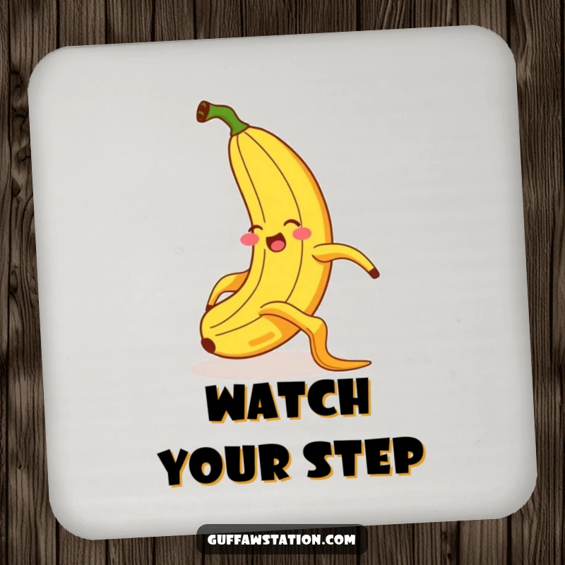 Funny coaster featuring a giggling banana dramatically slipping on a banana peel with exaggerated motion and a comical, startled face.