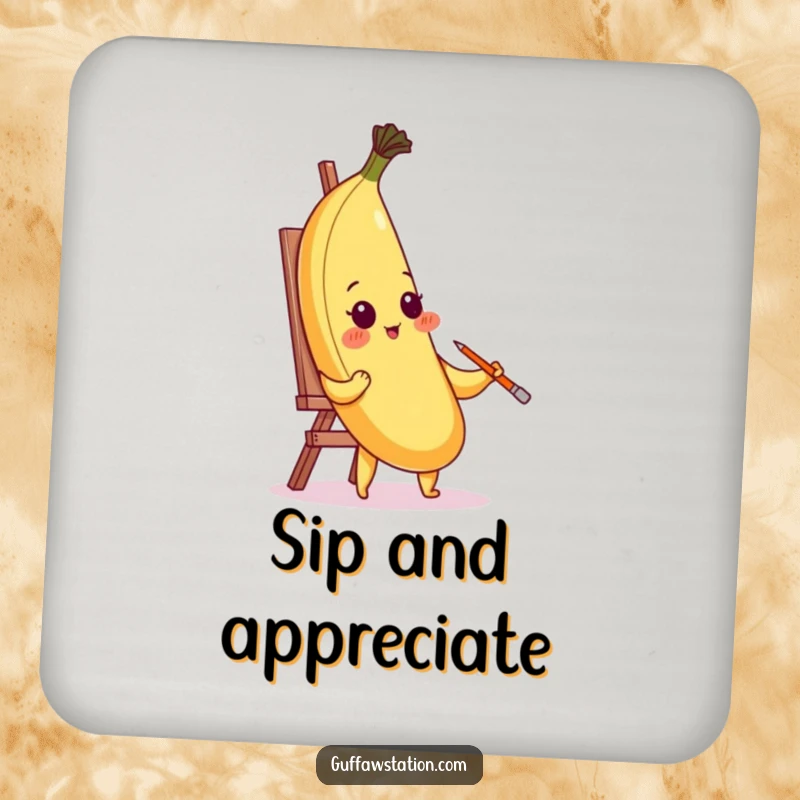 Funny blushing banana painting its portrait with its peel on a drink coaster, adding artistic humor to table settings.