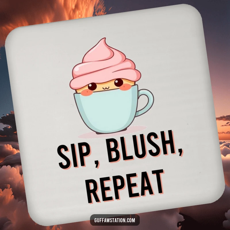 Funny blushing cupcake hiding behind a tiny coffee cup, featured on a humorous and protective drink coaster.