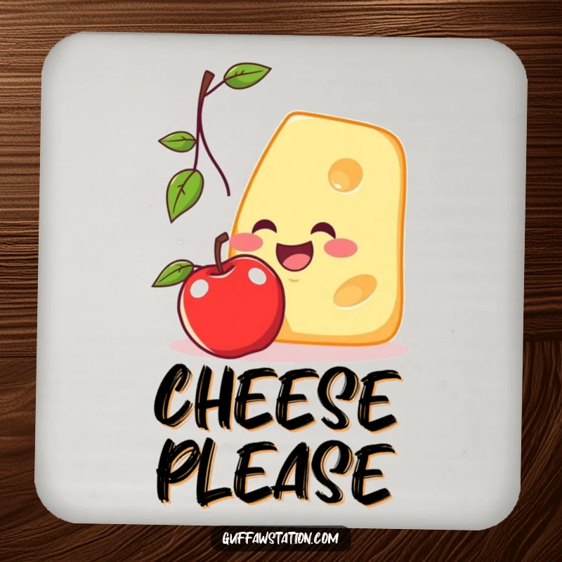 Funny drink coaster featuring a smiling cheese slice attempting to catch a falling apple, adding a humorous element to beverage service.