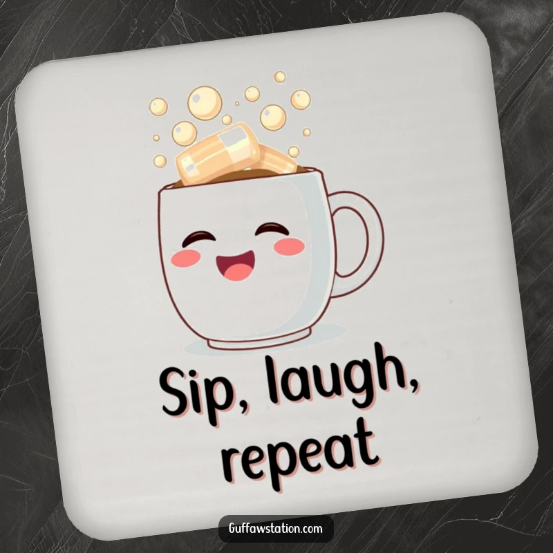 Funny coaster featuring a happy coffee cup overflowing with steaming, bubbly laughter, protecting surfaces with humor.