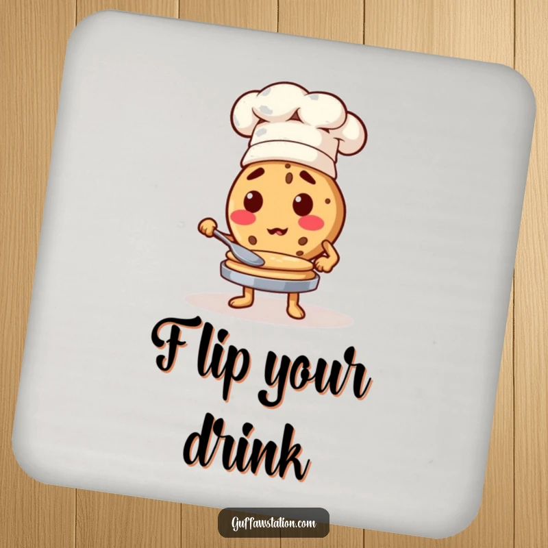Funny cookie chef flipping pancakes, a humorous drink coaster for kitchen enthusiasts.