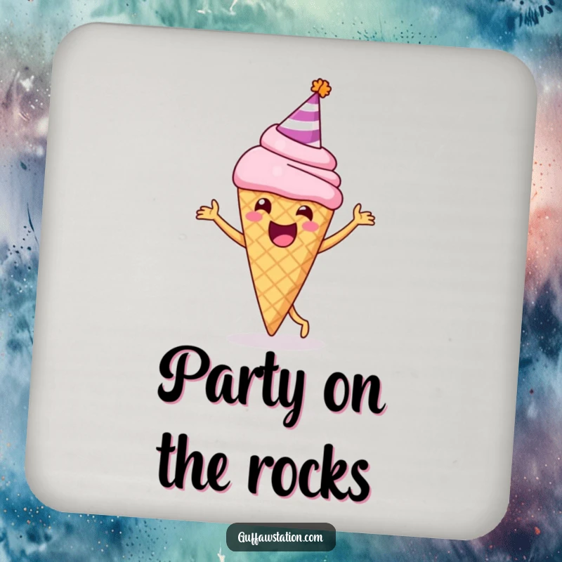 Funny drink coaster showing a delighted ice cream cone in a party hat, happily dancing, a festive and protective table accessory.