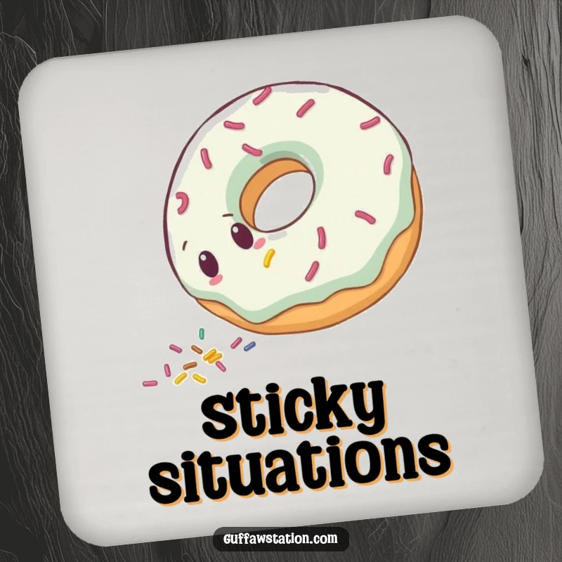 Funny clumsy donut character rolling downhill, scattering sprinkles, on a set of protective drink coasters.