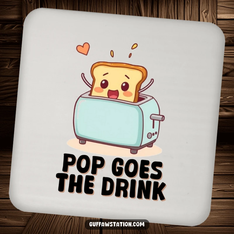 Funny drink coaster depicting a surprised piece of toast popping out of a toaster and flying through the air, a humorous table protector.