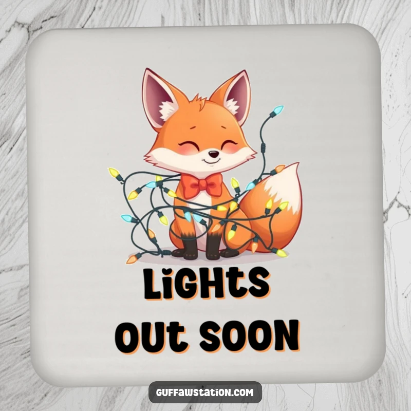 Funny coaster depicting a fox wearing a bowtie humorously stuck in a tangle of festive holiday lights, a comical table accent.