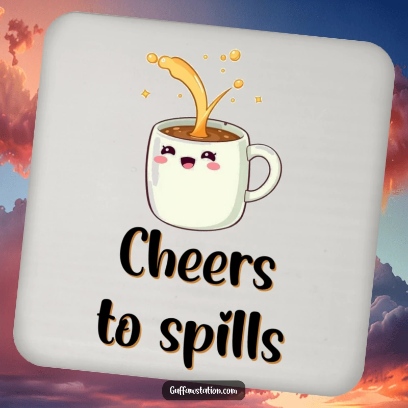 Funny drink coaster of a giggling coffee mug spilling an endless stream of sparkling liquid, a humorous and protective table accessory.