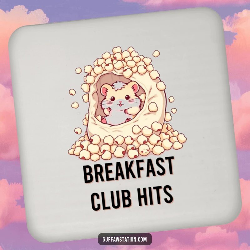 Funny hamster enjoying a giant bowl of cereal on a drink coaster, a small but humorous addition to any table.