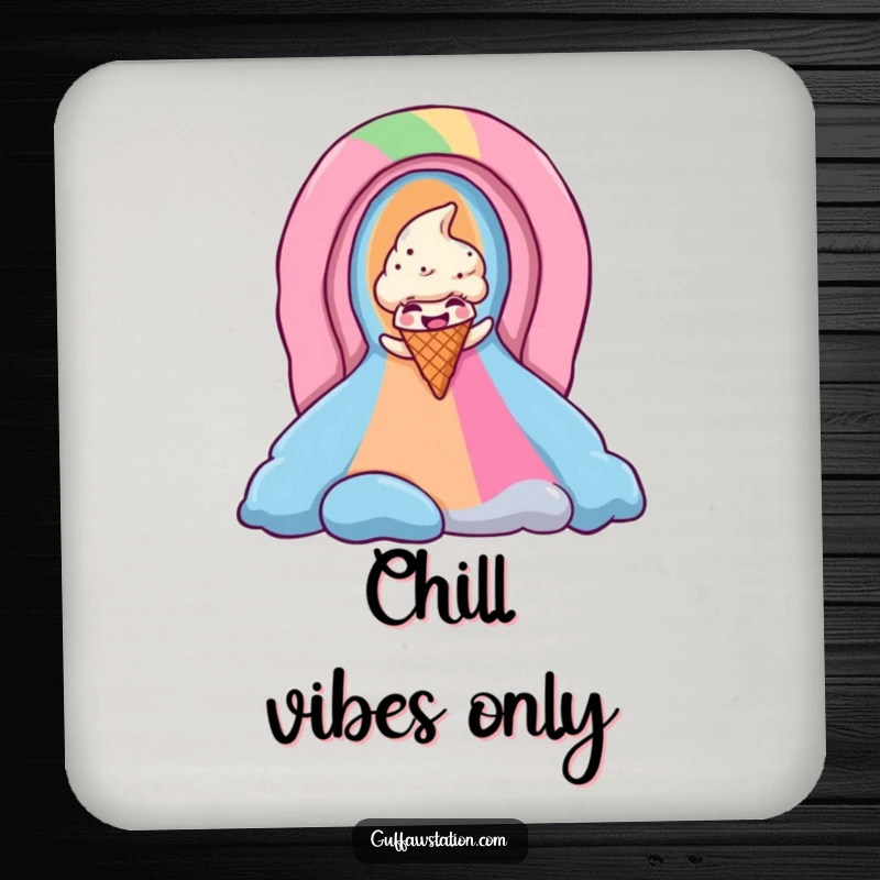 Funny ice cream cone coaster displays a giggling cone sliding down a rainbow, a functional piece of art.