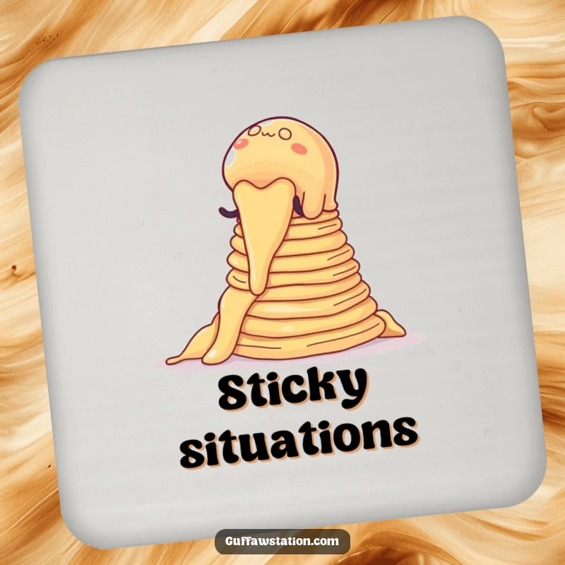 Funny drink coaster showing a wobbly jelly blob climbing pancakes, a cartoon accessory for a humorous touch.