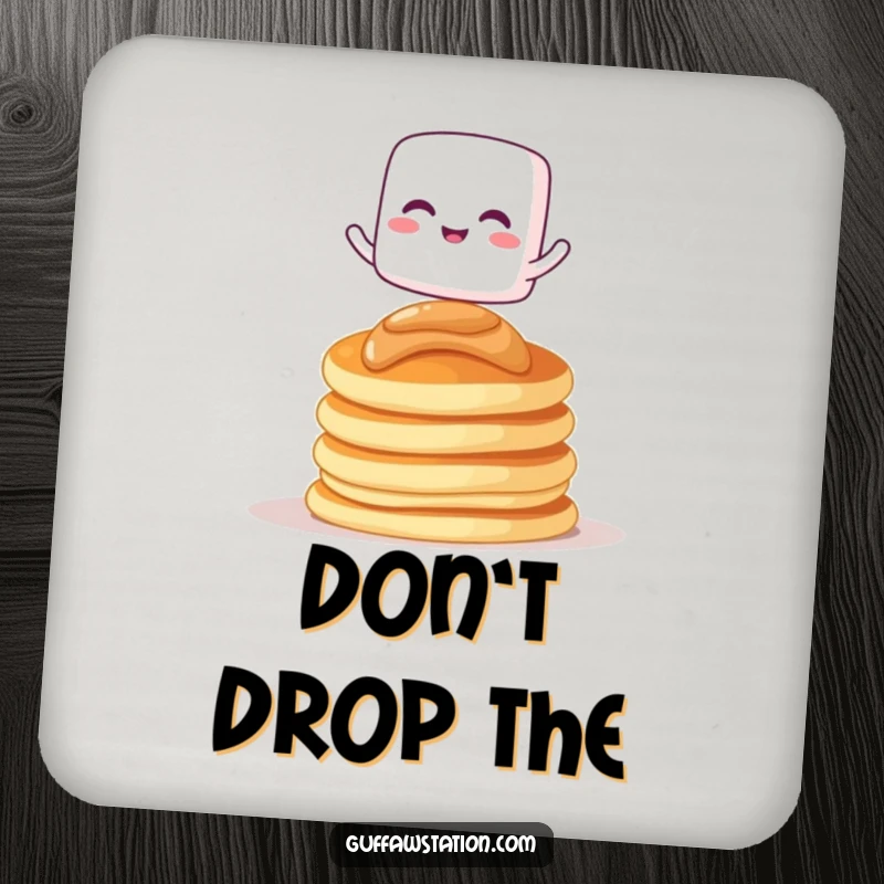 Funny drink coaster with a giggling marshmallow character balancing on pancakes, protecting surfaces with humor.