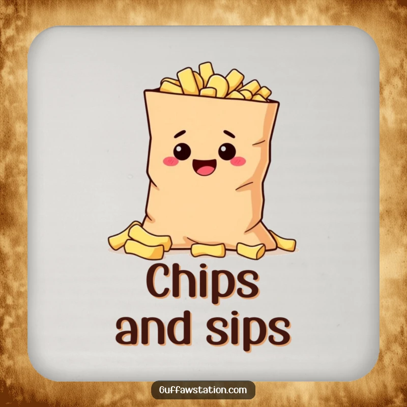 Funny mischievous potato hiding behind a giant bag of chips, featured on a humorous and protective drink coaster.
