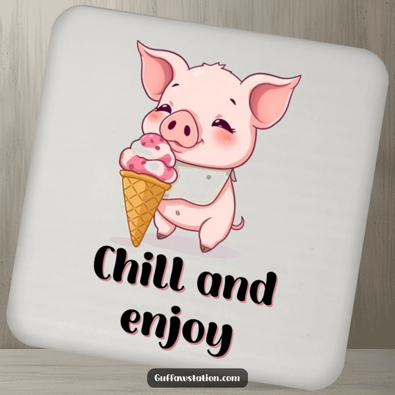 Funny Piglet Coaster: A bibbed piglet attempting to eat a massive ice cream cone, adding a sweet and funny touch.