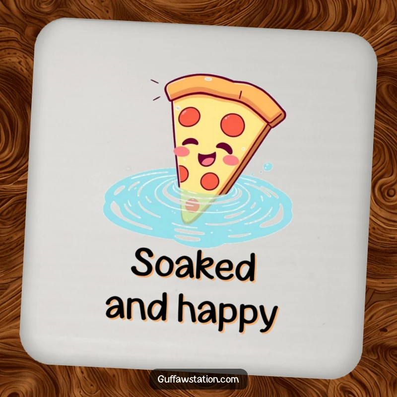 Funny pizza slice coasters, comically giggling as they land in a swimming pool, protecting surfaces with humor.