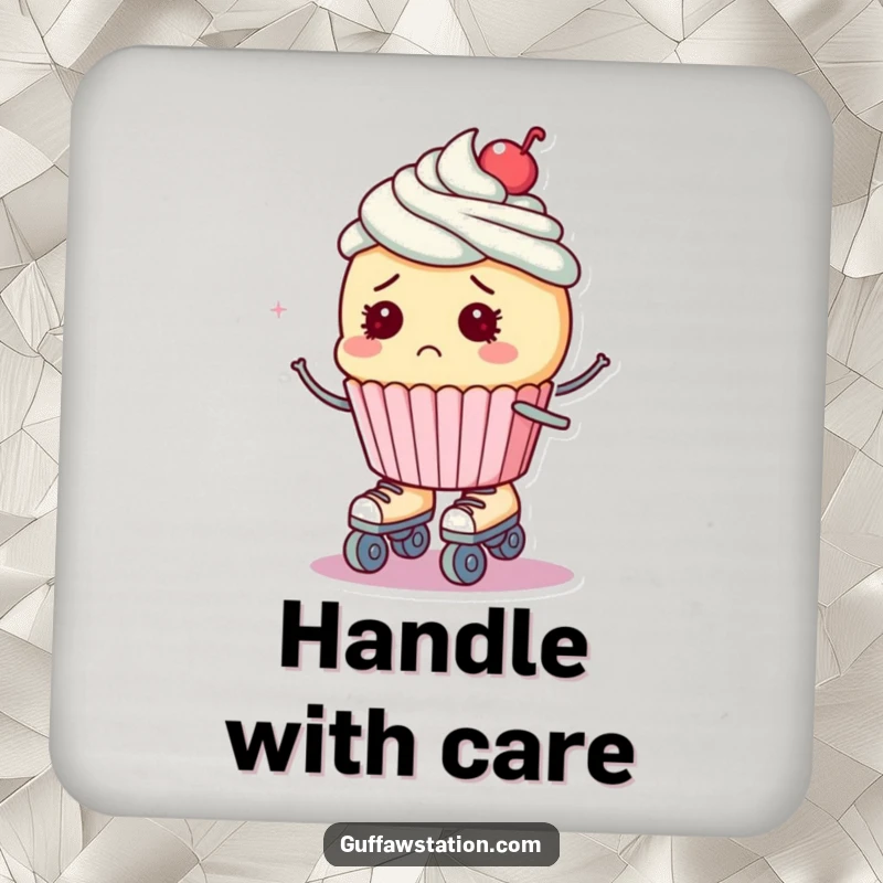 Funny drink coaster showing a bewildered cupcake wearing roller skates, about to fall, adding a touch of humor.
