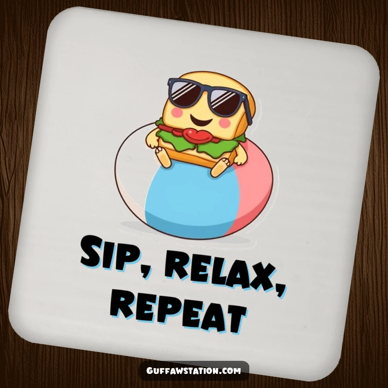 Funny drink coaster showing a sandwich relaxing on a beach ball, a cartoon accessory for a cool touch.