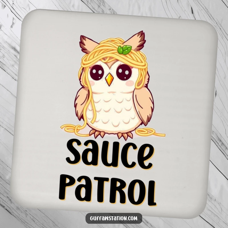 Funny drink coaster featuring a cute owl covered in spaghetti, looking bewildered but happy, protecting surfaces with a humorous food theme.