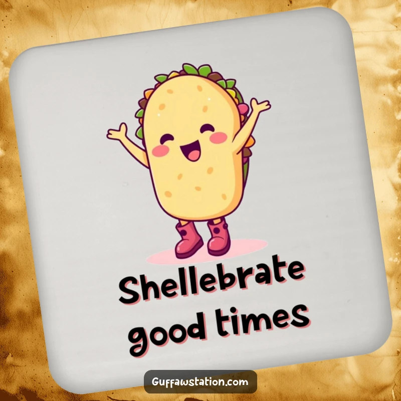 Funny drink coaster with a happy taco character in boots dancing silly, protecting surfaces with humor.