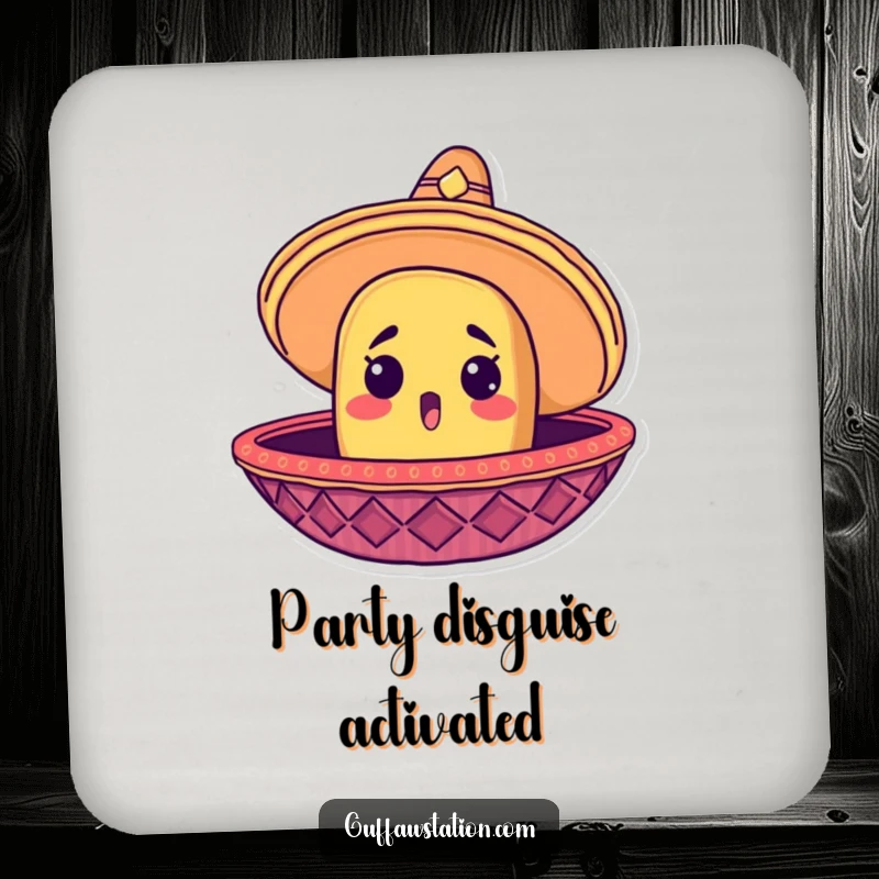 Funny drink coaster showing a surprised taco head peeking out from a giant sombrero, adding a touch of fiesta.