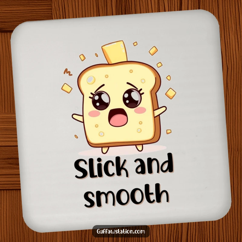 Funny surprised toast character with butter splattering on a set of protective drink coasters.