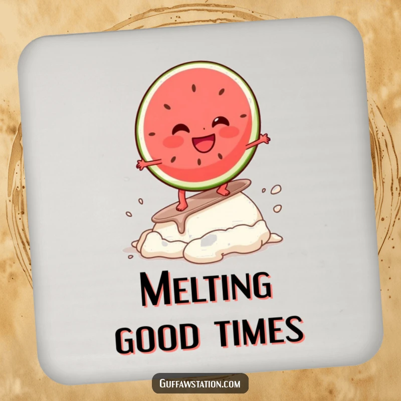 Funny coaster featuring a giggling watermelon slice character surfing an ice cream scoop, adding a touch of humor to drink protection.