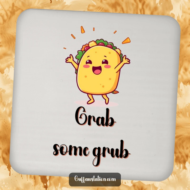 Funny coaster featuring a happy taco character dancing with filling flying, adding a vibrant and humorous touch to drink protection.