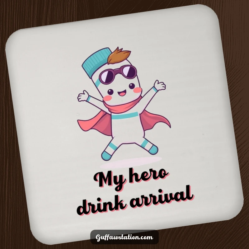 Funny drink coaster featuring a single sock in a brave superhero pose, ready to protect your furniture. Durable and humorous.