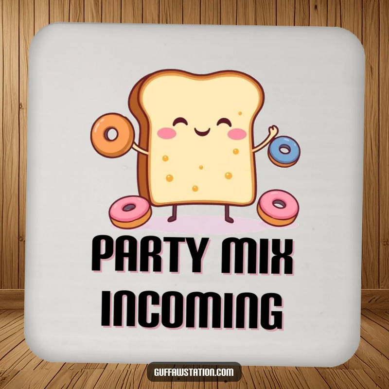 Funny drink coaster showing a cheerful slice of toast juggling tiny donuts, perfect for protecting tables.