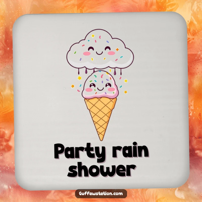 Funny drink coasters showing a happy cloud raining sprinkles onto an ice cream cone, adding a sweet and humorous touch.