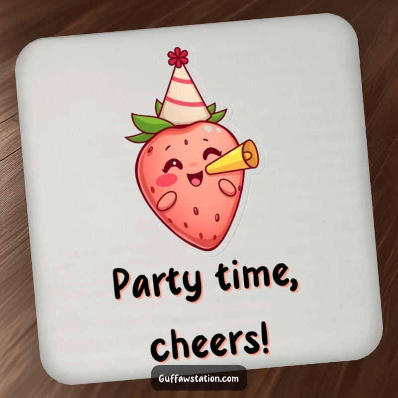 Funny cheerful strawberry wearing a party hat and blowing a horn, featured on a humorous and protective drink coaster.