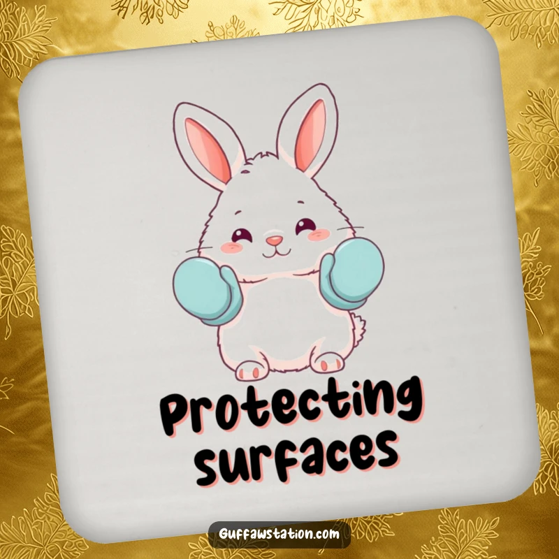 Funny drink coaster featuring a fluffy bunny accidentally wearing oven mitts as mittens, protecting surfaces with a cute and humorous design.