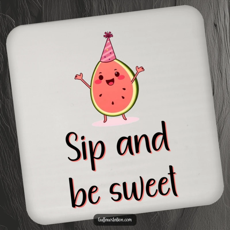 Funny watermelon coaster depicts a dancing slice wearing a party hat, adding festive humor to drink protection.
