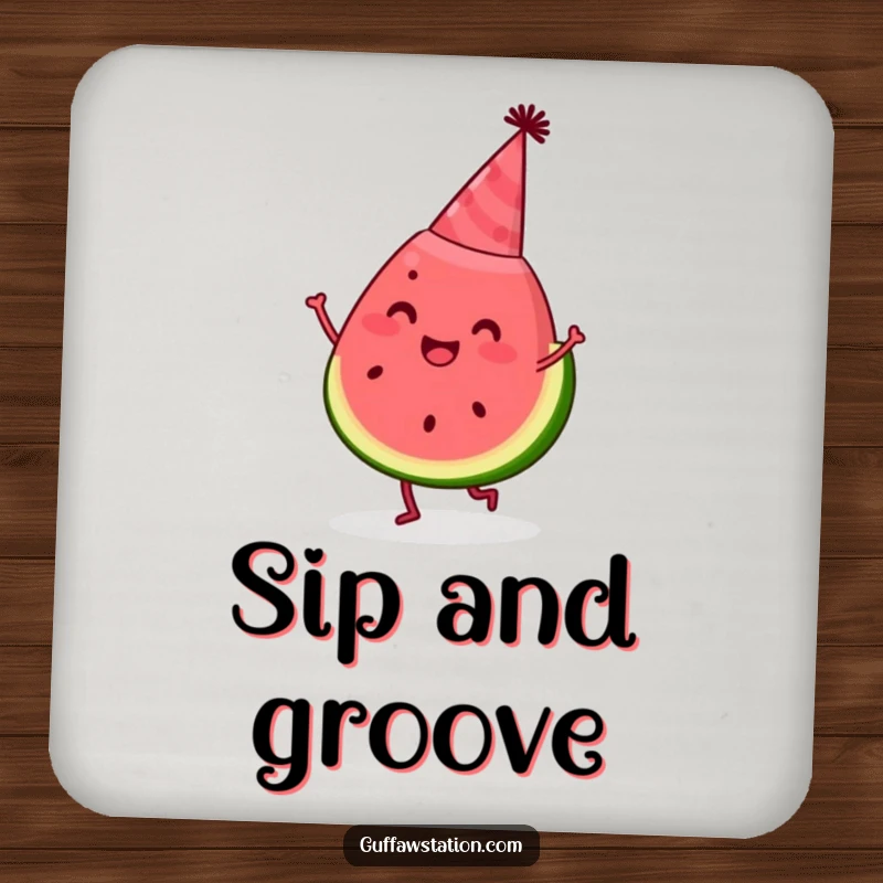 Funny watermelon coaster showing a happy slice wearing a party hat and dancing, a humorous and practical accessory.