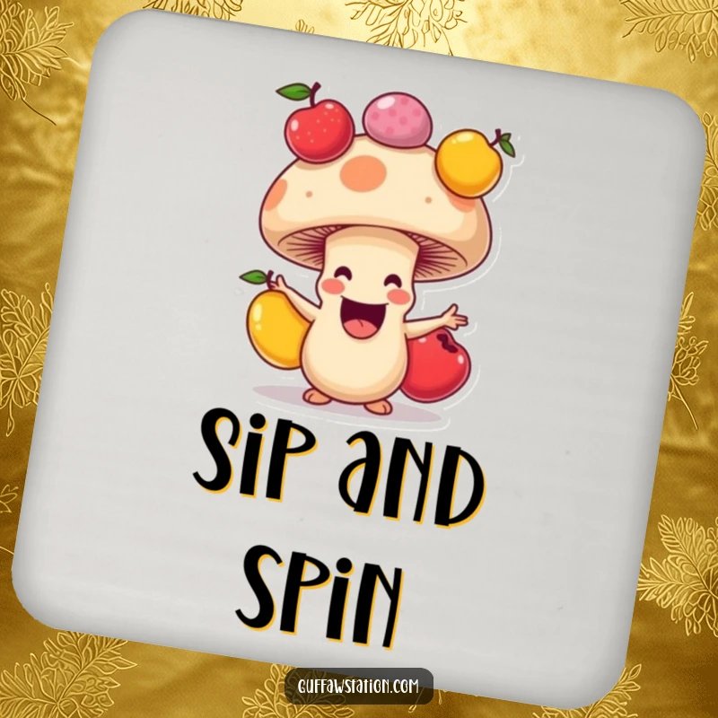 Funny drink coaster showing a happy mushroom juggling fruits, a whimsical cartoon accessory for any surface.