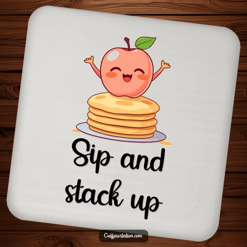 Funny drink coaster illustrating a blushing apple balancing on pancakes. Protects surfaces with a humorous and charming food design.
