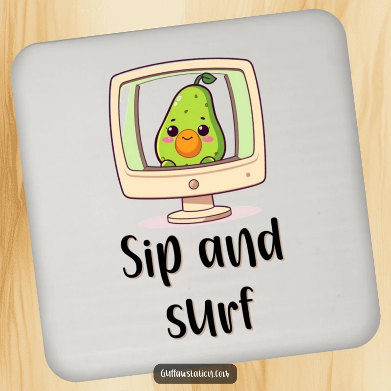 Funny drink coasters featuring a curious avocado peeking from a computer screen, for humorous tech protection.