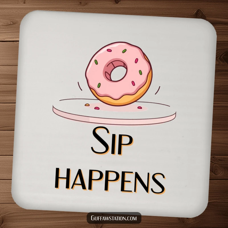 Funny donut captured mid-fall off a table in slow motion, featured on protective coasters, adding a humorous touch to any drink service.