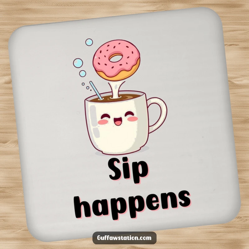 Funny coaster depicting a coffee mug enthusiastically burping bubbles at a floating donut, a moment of pure breakfast comedy.