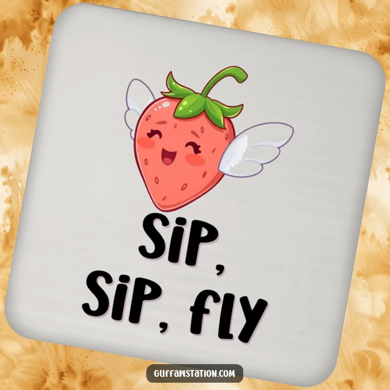 Funny drink coaster showing a delighted strawberry with tiny wings, attempting to fly, adding a touch of whimsy.