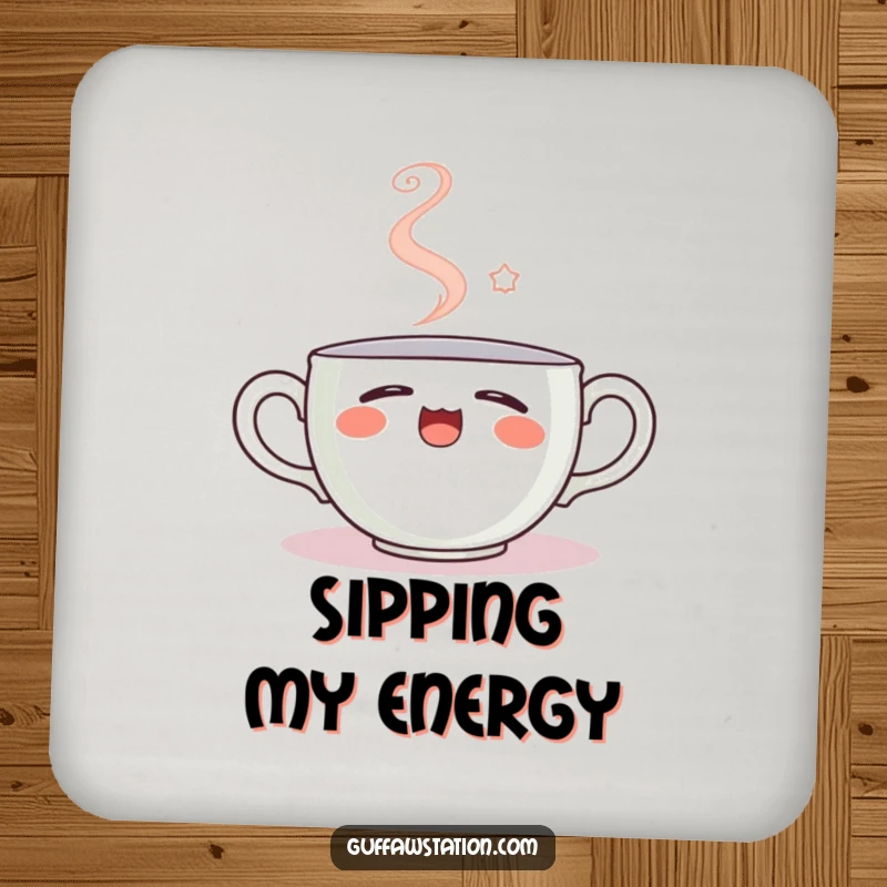 Funny drink coaster featuring a sleepy teacup yawning, steam forming a smiley face, protecting surfaces with a touch of humorous charm.