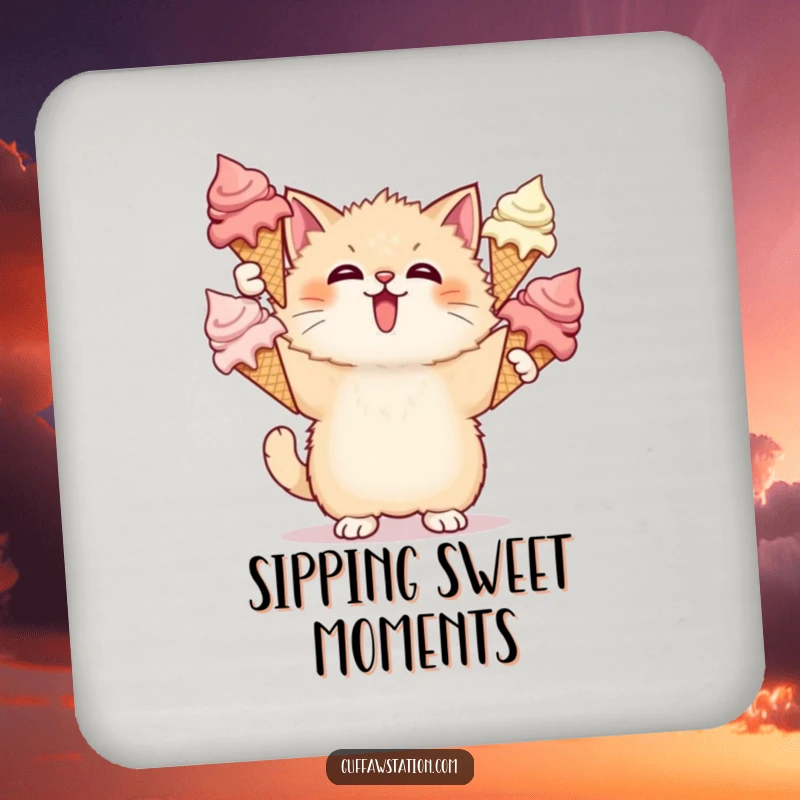 Funny Cat Ice Cream Coasters protect surfaces with a design of a surprised cat juggling melting ice cream cones, adding humor.