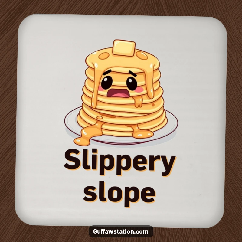 Funny startled pancakes sliding off a plate, on stylish and funny drink coasters.