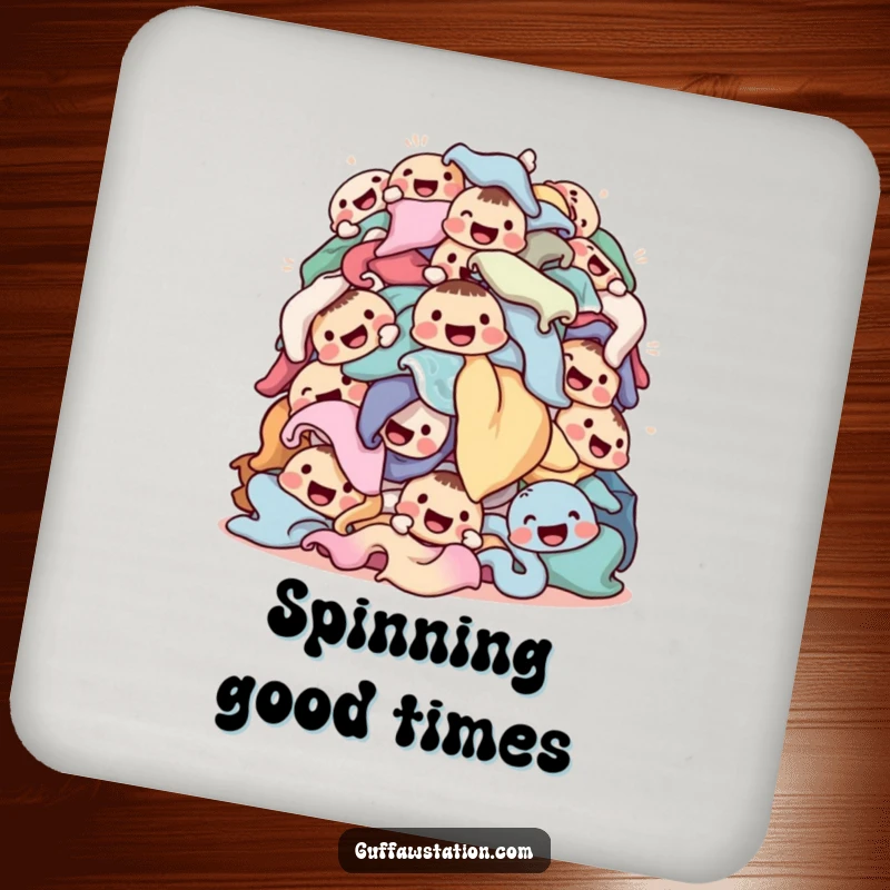 Funny laundry drink coasters featuring a tumbling pile of happy-faced clothes, adding a humorous and cheerful touch to surfaces.