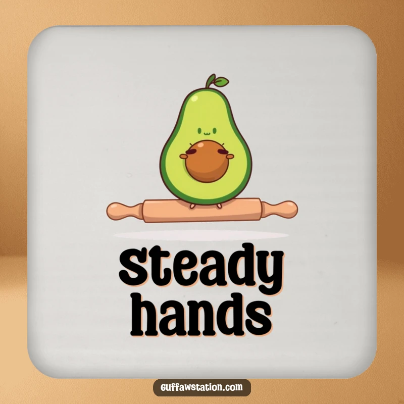 Funny avocado coaster showing a determined avocado balancing on a tiny rolling pin, a humorous and practical accessory.