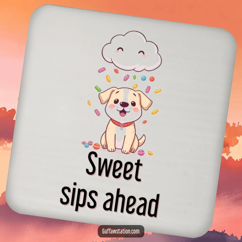 Funny coaster depicting a shy cloud raining colorful candy down on a small, surprised dog, a moment of pure delight.