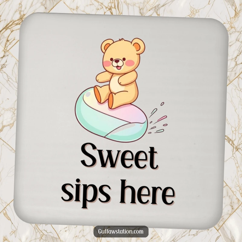 Funny drink coaster with a teddy bear surfing a jelly bean, adding a charming and humorous element to drink service.