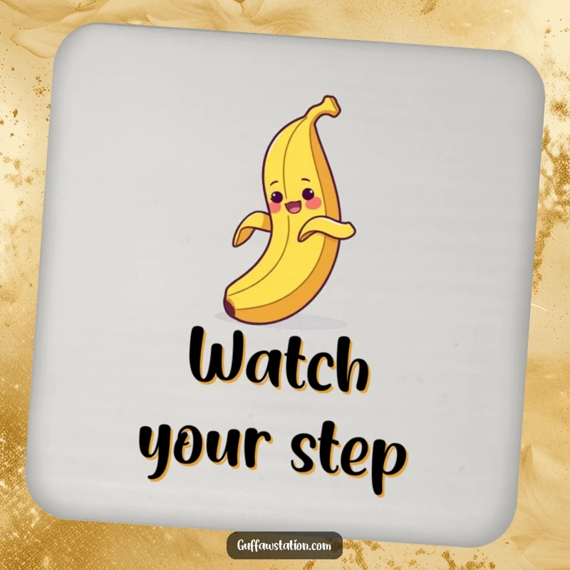 Funny drink coaster showing a clumsy banana peeling itself and then slipping on its own peel, a humorous table protector.