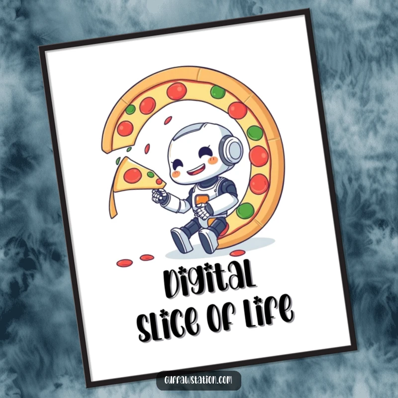 Funny poster capturing a small, determined robot gleefully attempting to conquer a giant, spinning pizza with intense focus.